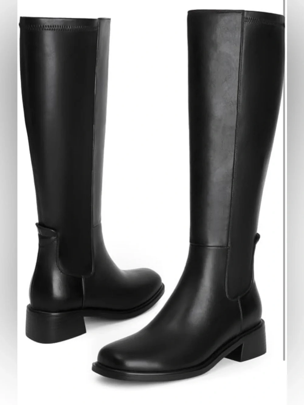 QIY Knee High Faux Leather Elastic Square Toe Side Zipper Fall Long Tall Boots